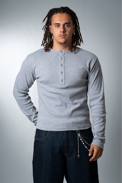 Crupt Studio Tricou Henley cu mânecă lungă pentru bărbați Grimelanj Crupt Arc...