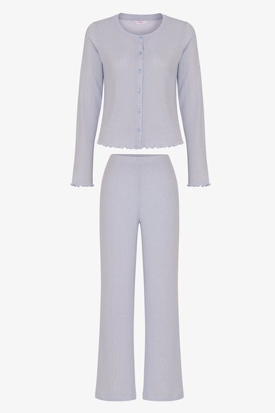 Penti Blue Sky Openwork Patterned Long Sleeve Trousers Pajama Set