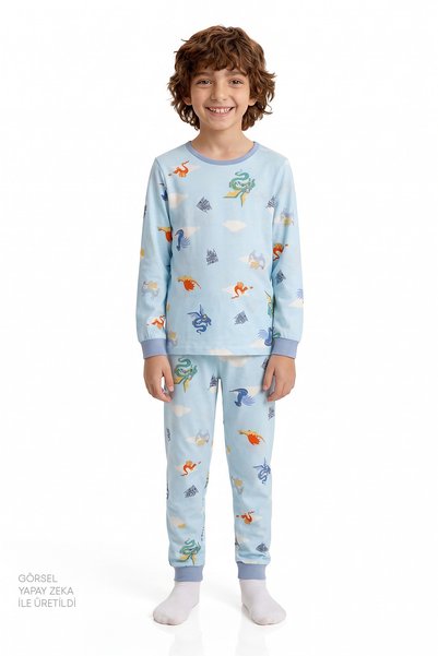 Penti Boy's Blue Mini Dragon Riders Cotton Long Sleeve 2-Piece Pajama Set