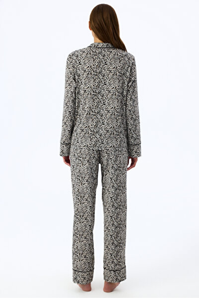 Penti Ekru Noir Garden Leopar Desenli Uzun Kollu Gömlek Pantolon Pijama Takımı