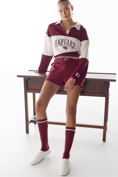 Penti Bordo Harvard Şerit Detaylı Retro Şort