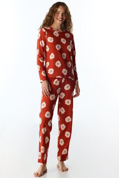 Penti Turuncu Soft Bloom Çiçekli Uzun Kollu Pantolon Pijama Takımı