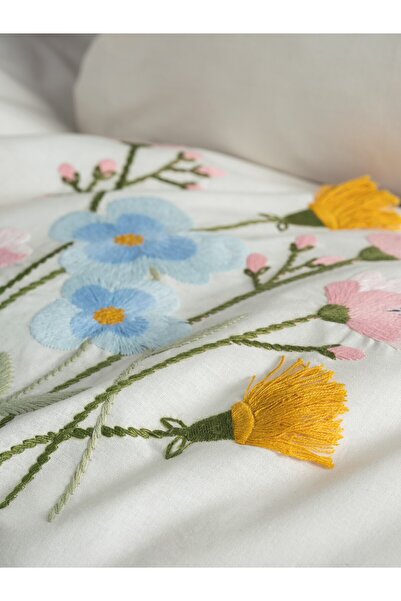 Cotton Box Embroidered Ranforce Double Duvet Cover Set Delbin Pink