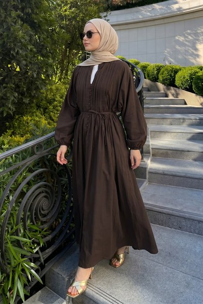 Salih Çelebi Voile Button Detailed Pleated Dress 5007 - A. Brown