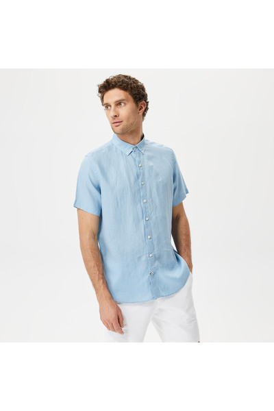 Nautica Erkek Mavi Classic Fit Kısa Kollu Keten Gömlek