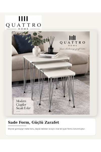 QUATTRO HOME Gümüş Tel Ayaklı Beyaz 3'lü Zigon Sehpa Takımı