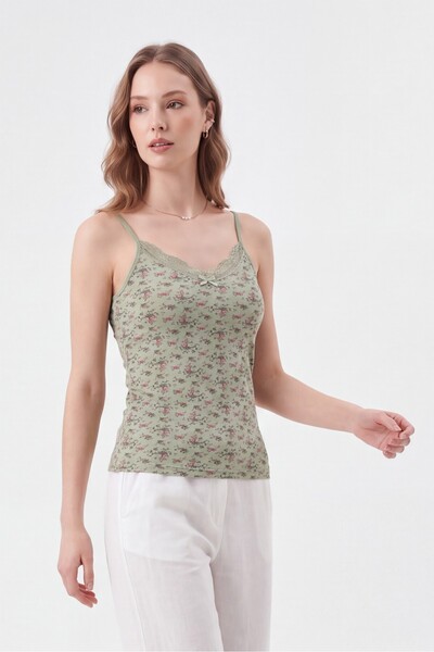 Modamorfo Floral Patterned Lace Strap Tank Top - Water Green