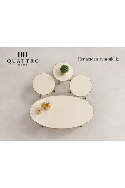 QUATTRO HOME Gold Metal Düz Ayaklı 4'lü Sehpa Seti Krem
