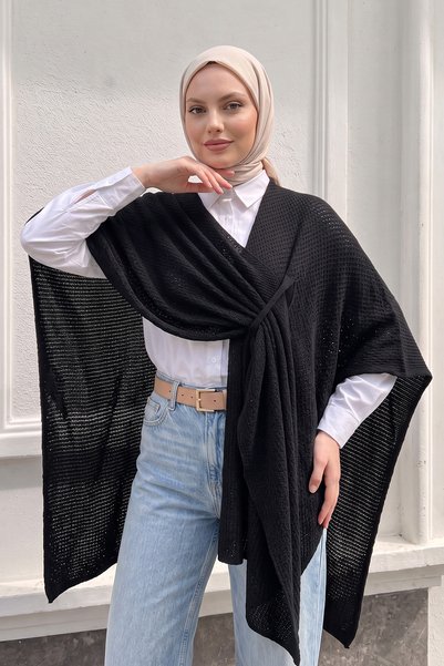 Salih Çelebi Cardigan Poncho cu detalii frontale 13187 - NEGRU