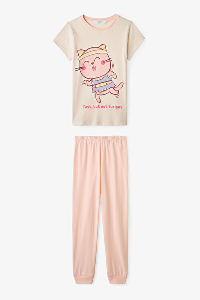 Penti Girl's Ecru Fast Cat Short Sleeve 2-Piece Pajama Set