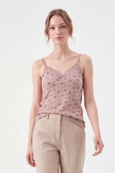 Modamorfo Floral Patterned Lace Strap Tank Top - Salmon