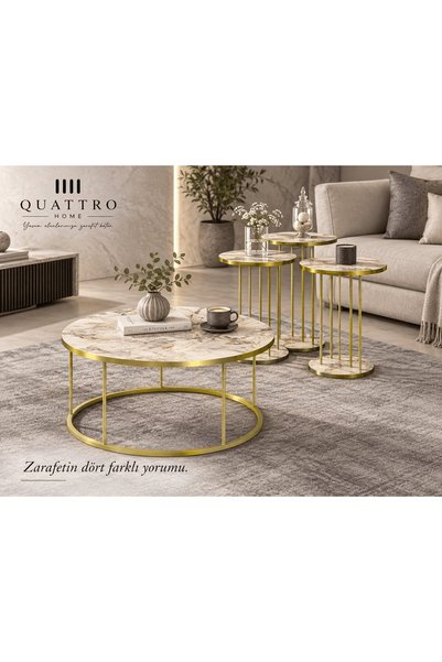 QUATTRO HOME 4'lü Mermer Desenli Beyaz ve Gold Metal Ayaklı Sehpa Seti