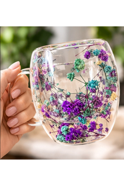 GALORWAY Cana cu flori uscate, perete dublu, 250 ml, transparent, Albastru cu...