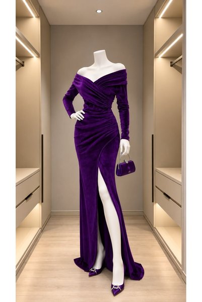 Modafeminen Kajak-Ausschnitt Samt-Abendkleid 582273 LILA