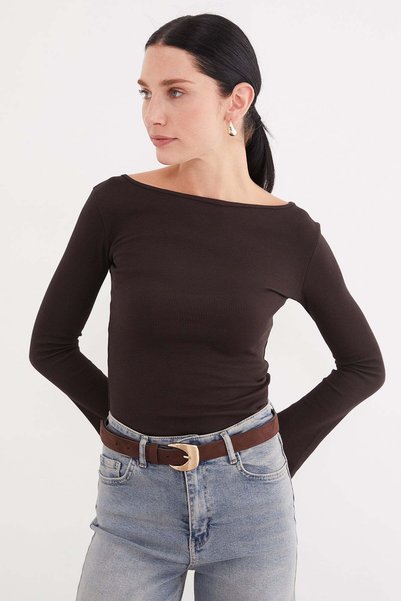 Fulla Moda Ribbed Boat Neck Flare Sleeve Slim Fit Blouse