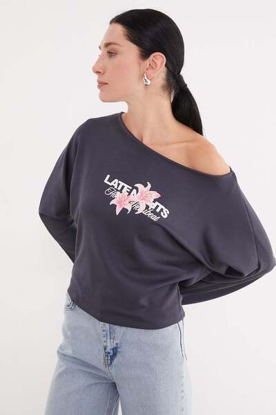 Fulla Moda Lily Printed Boat Neck Bat Sleeve Modal Blouse