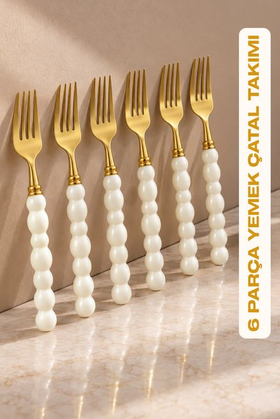 BEYZANA 6 Adet Beyaz Plastik İnci Taş Detaylı Gold Yemek Çatal Takımı | 6 Par...