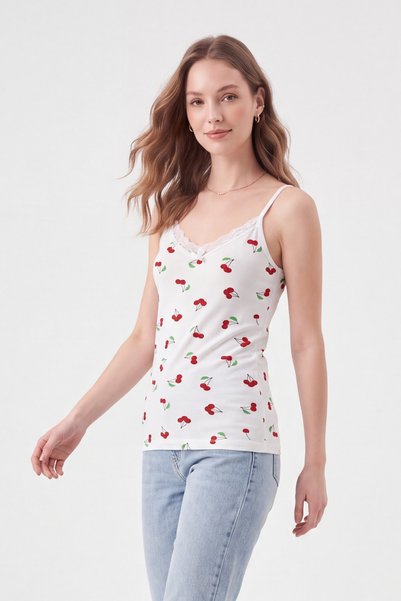 Modamorfo Cherry Patterned Lace Tank Top with Rope Straps -White