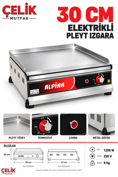 ALPİNA MUTFAK Alpina Pleyt Izgara 30-50-70-100 cm Sanayi Tipi Elektrikli Düz Plaka Büfe Tipi 220V - ÇELİK MUTFAK