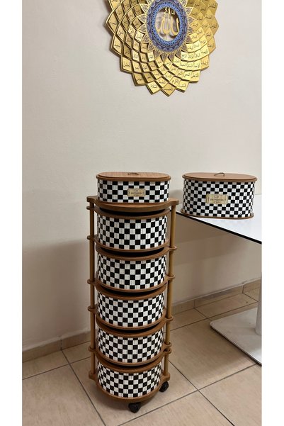MİHMAN HOME Dama Desenli 5 Katlı Tekerlekli Çok Amaçlı Ahşap Patates Soğan Sepeti