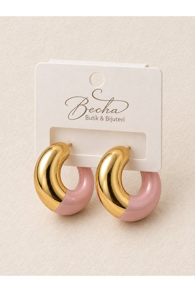 Becha Bijuteri Colorful Enamel Gold Detailed Hoop Steel Earrings