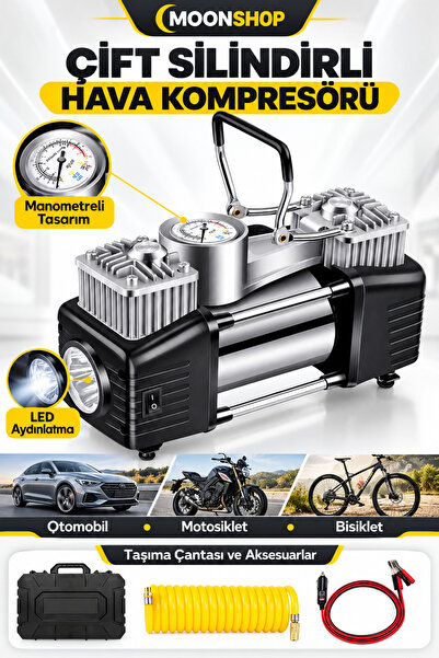MOONSHOP Profesyonel Çift Pistonlu 12V 150 Psi Dakikada 85Lt Araç Araba Lastik Bot Şişirme Kompresörü