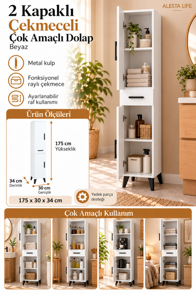 Alesta Life 2 Kapaklı Çekmeceli Mutfak Dolabı Banyo Dolabı Çok Amaçlı Dolap B...