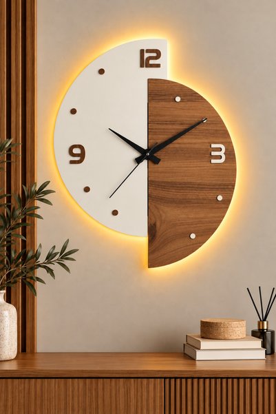 İnfigo Concept Dekoratif Ahşap Işıklı Beyaz-Ahşap Desen Duvar Saati Büyük Boy...