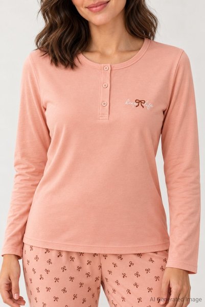PİJAPİA Women's Patterned Flexible Modal Long Sleeve Pajama Set Salmon