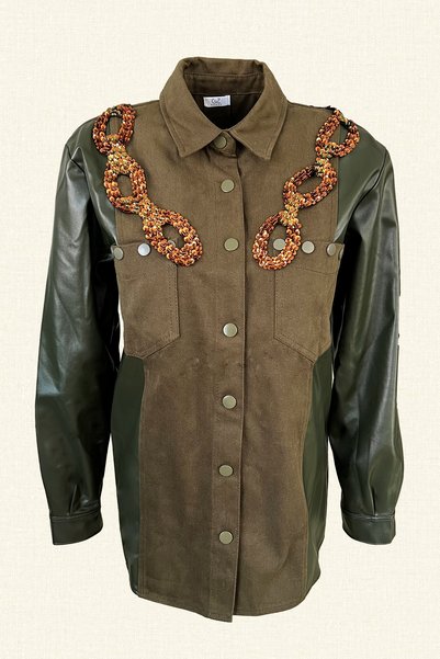 GZ Design Copper Chain Embroidered Sleeves Leather Detailed Army Green Jean Jacket