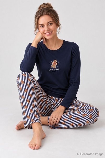 PİJAPİA Women's Striped Long Sleeve Pajama Set Navy Blue 100% Cotton