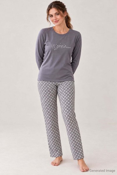 PİJAPİA Women's Patterned Flexible Modal Long Sleeve Pajama Set Gray