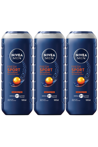 NIVEA Gel de duș sportiv 3 în 1 pentru bărbați, efect proaspăt 24h, 500 ml x3
