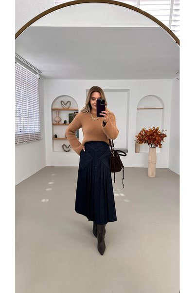 Sezgi Tekin Premium Seri Cep Detay Piliseli Maxi Denim Etek