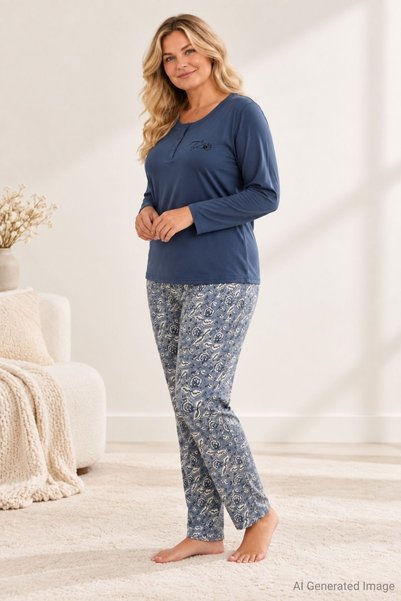 PİJAPİA Women's Plus Size Flexible Modal Long Sleeve Pajama Set Navy Blue
