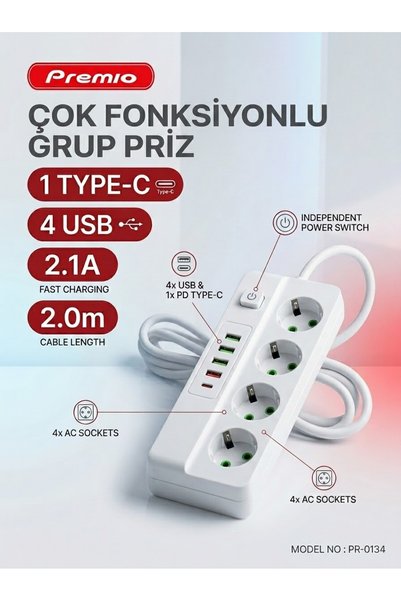Premio 4 Priz Girişi 4 USB' Li 1 TYP-C Girişli Grup Priz Beyaz Renk 2 Metre 2...