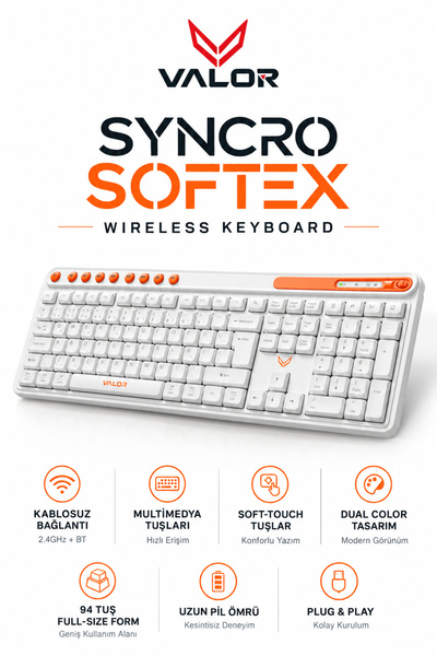 VALOR Syncro Softex 118 Tuş Kablosuz Multimedia Klavye 20 Milyon Tıklama Ömrü...