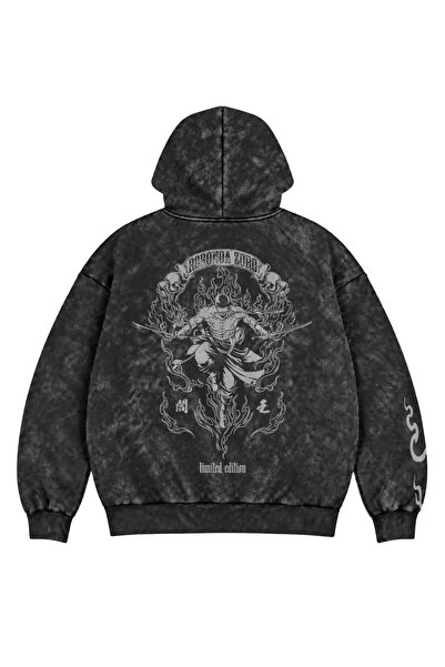 Fuddy Moda Unisex Oversize One Piece Zoro Sırt ve Kol Baskılı Kapüşonlu Fermuarlı Anime Yıkamalı Zip Hoodie
