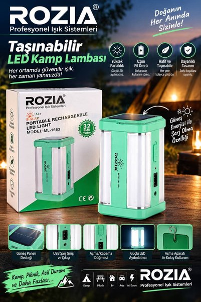ROZIA 32 Ledli Solar Şarj Edilebilir Güneş Enerjisi Acil Işık Kamp Açık Taşın...
