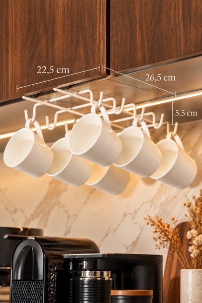 Edora Home Bej 10 Kancalı Raf Altı Metal Fincan Askılığı, Dolap İçi Kupa ve B...