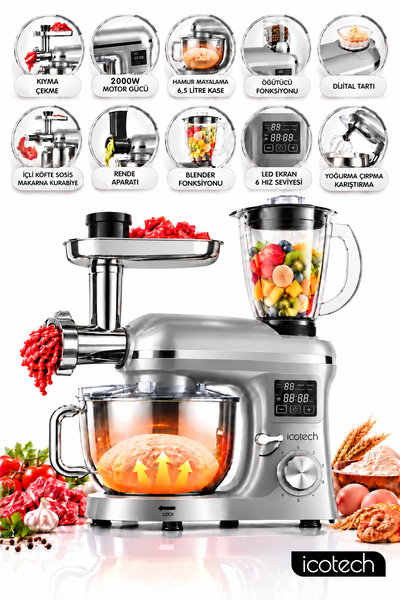 icotech Sm50 Gümüş 2000w 6,5 Lt Ekranlı Hamur Mayalama Kıyma Çekme Blender Stand Mikser Mutfak Şefi