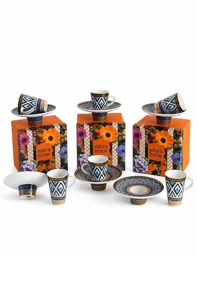 Edora Home Türk Kahvesi Fincan Takımı İçe Geçmeli Mosaic Mask 6 Kişilik 12 Parça (Makinede Yıkanmaz)