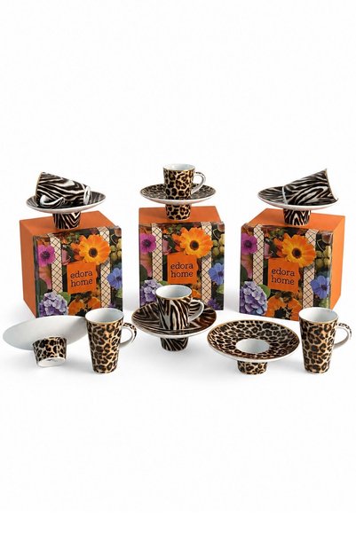 Edora Home Türk Kahvesi Fincan Takımı İçe Geçmeli Leopar Desenli 6 Kişilik 12 Parça (Makinede Yıkanmaz)