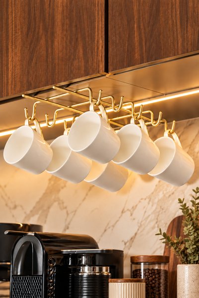 Edora Home Parlak Altın 10 Kancalı Bardak Askılığı Raf Altı Kupa Fincan Düzenleyici Paslanmaz Metal
