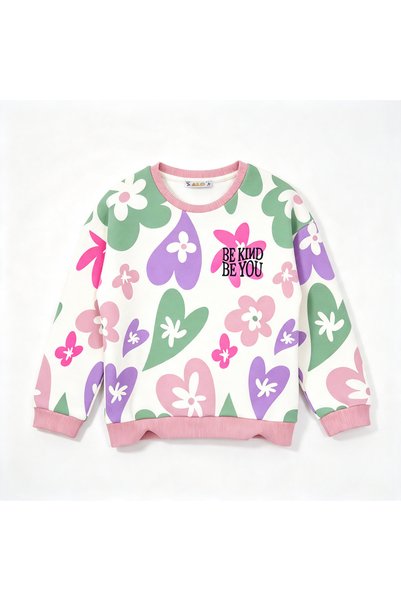 ALG KIZ ÇOCUK RENKLİ KALP VE ÇİÇEK BASKILI SWEATSHIRT