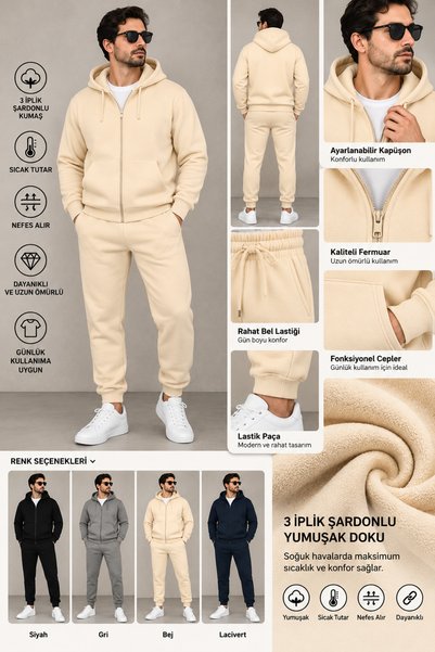 WENMİNG Men's Hooded Zip-Up Tracksuit Set Basic Premium Comfortable Fit Casua...