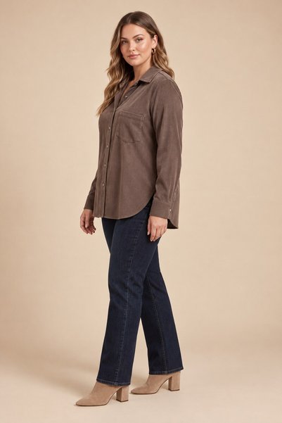 RMG Velvet Plus Size Snap Sleeve Shirt Brown