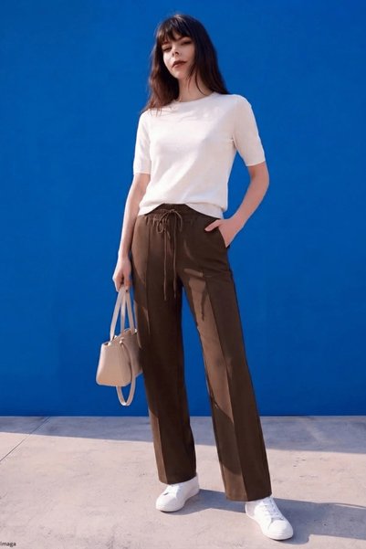 KOZZ STYLE Brown Modal 0Ysh0 Fabric, Wide-Leg Premium Sweatpants