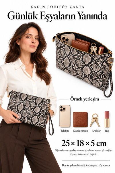 EYCH Nora Kadın Portföy El Çantası - Bilek Askılı Desenli Clutch Çanta
