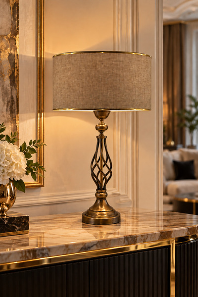 Lampada Verona Eskitme Kaplama Metal Abajur - Gold Şeritli Hasır